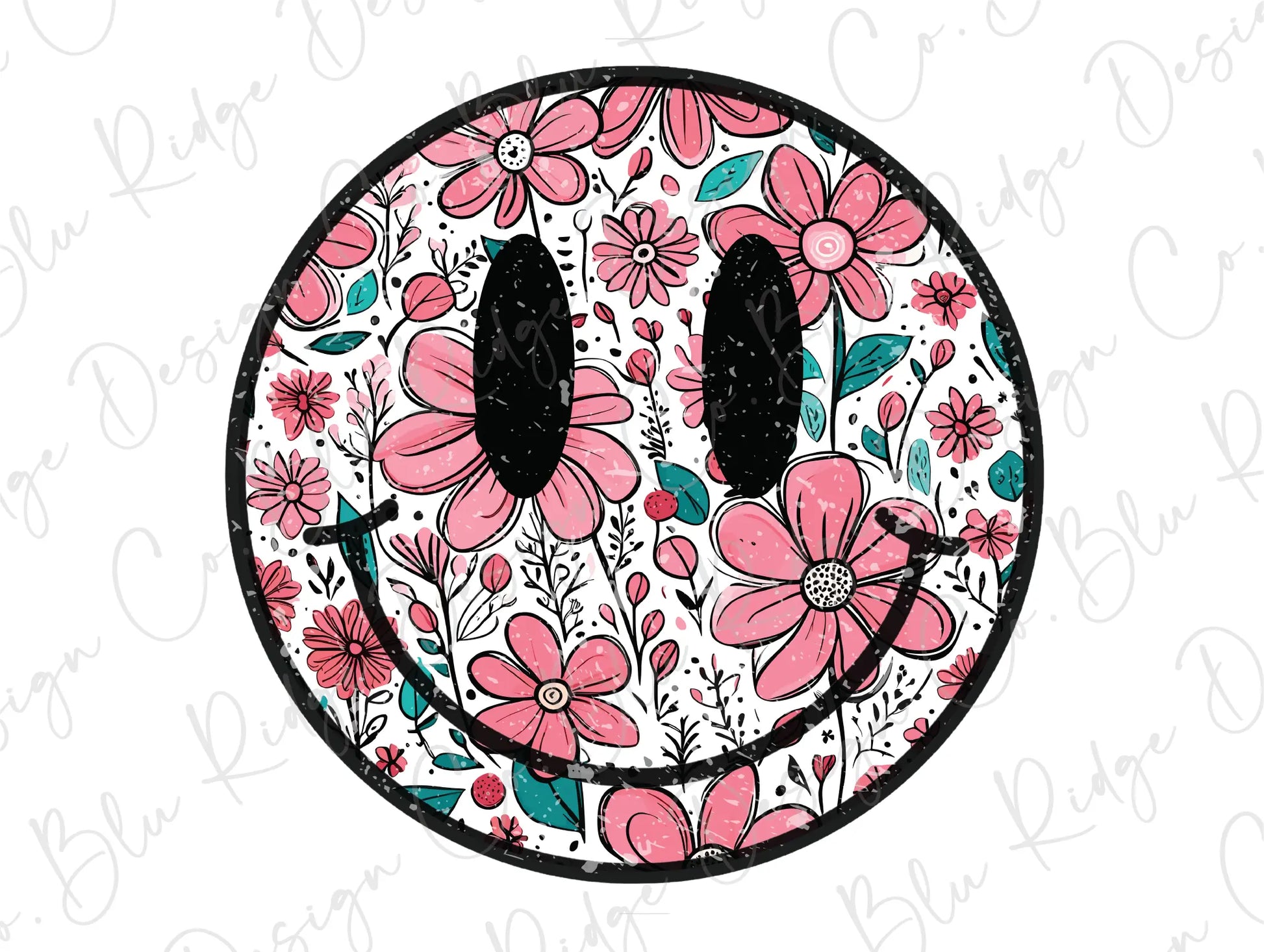 a pink and blue flowered smiley face on a white background