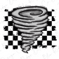 a stylized representation of a swirling, black and white shape resembling a storm or a swirling cloud, set against a background of a checkered pattern.