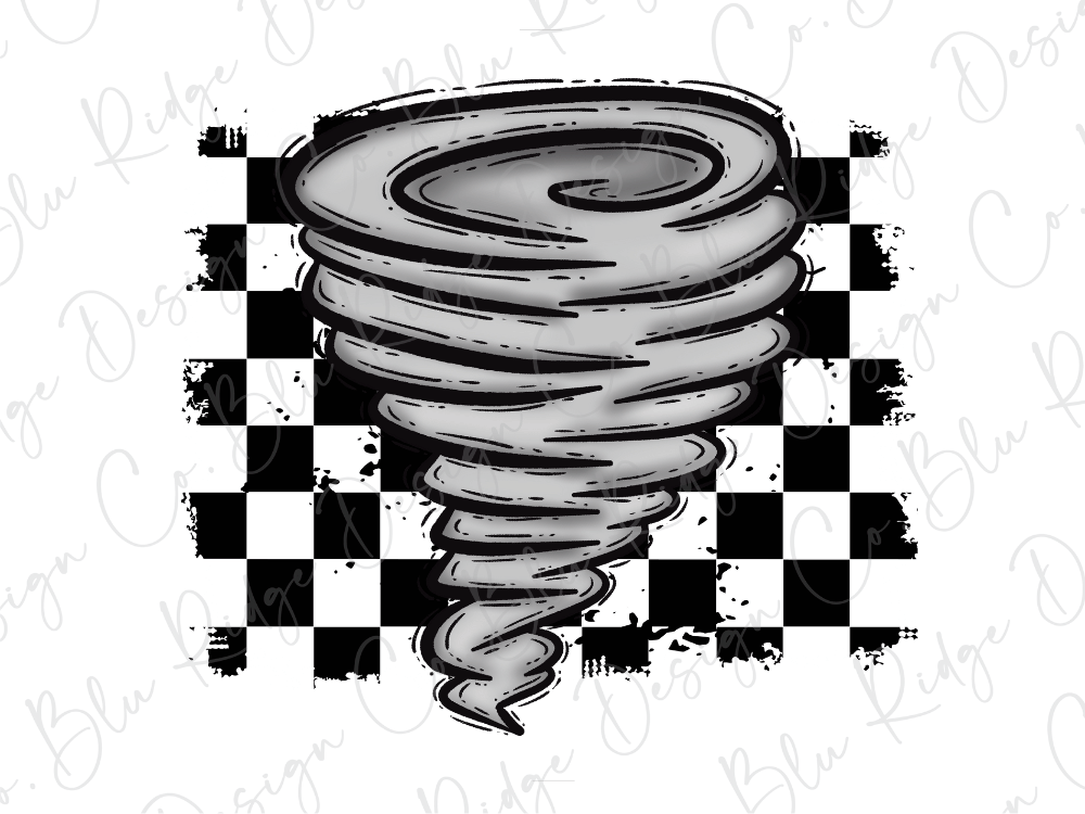 a stylized representation of a swirling, black and white shape resembling a storm or a swirling cloud, set against a background of a checkered pattern.