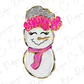 a snowman with pink flowers on its head