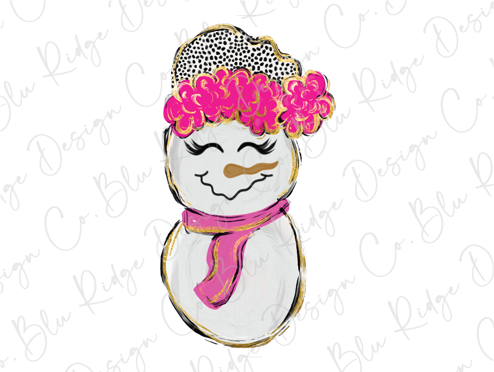 a snowman with pink flowers on its head