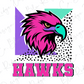 A stylized graphic of a pink eagle head with a teal beak, surrounded by geometric shapes in various colors including purple, green, and white. The word "HAWKS" is prominently displayed below the eagle head.