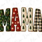 the word "MAMA" in a decorative font, with each letter made up of different colored fabric pieces and adorned with various holiday-themed patterns such as stars, holly, and pine trees.