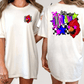 two different views of a white t-shirt with colorful graphics and text on the back.