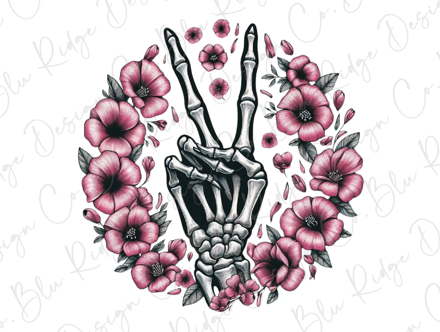 a drawing of a skeleton hand with flowers around it