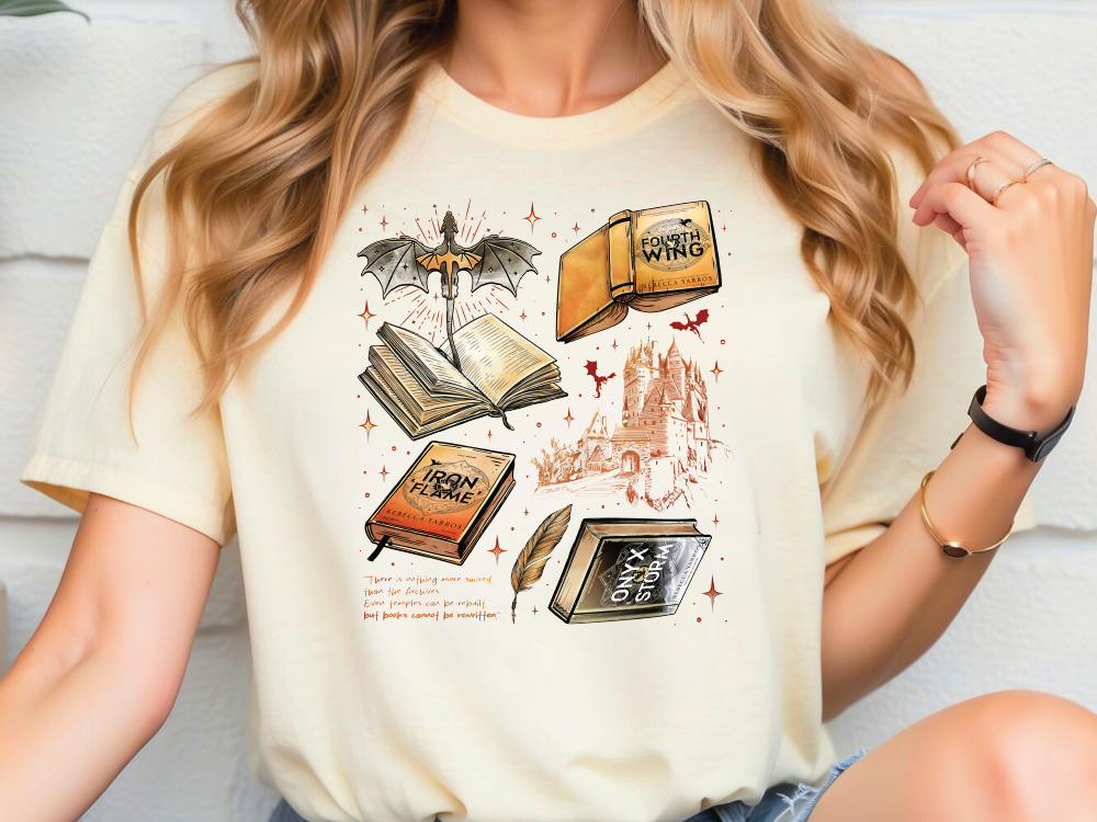 a woman wearing a t - shirt with books on it