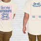 a white t-shirt with a graphic design on the front and back. The front of the t-shirt displays a pink and blue striped pattern with the text "Last day autograph shirt" and "2025-2026". The back of the t-shirt has a pink and blue ribbon design with the text "Autographs" and "Teacher" written on it.