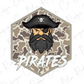 A pirate-themed logo with a pirate hat, beard, and mustache, along with the word "PIRATES" written below.