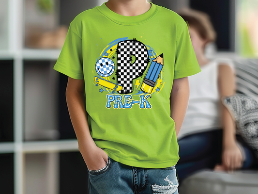 a young boy wearing a green t - shirt with a checkered design