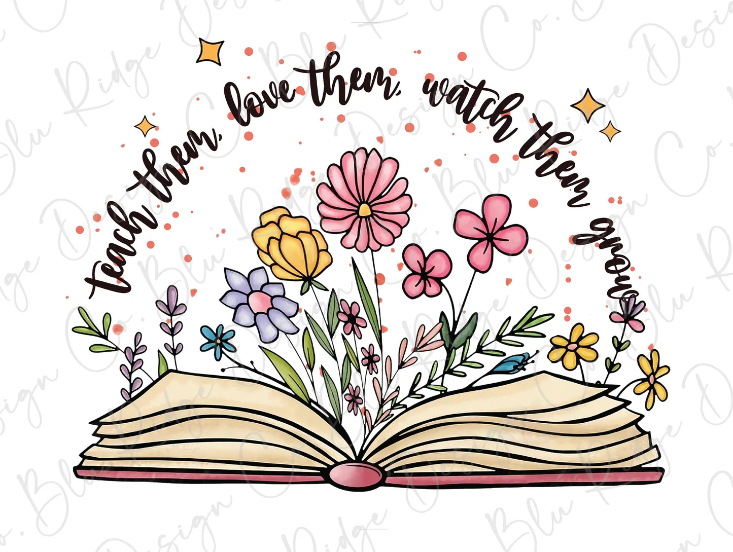 an open book with flowers and stars on it