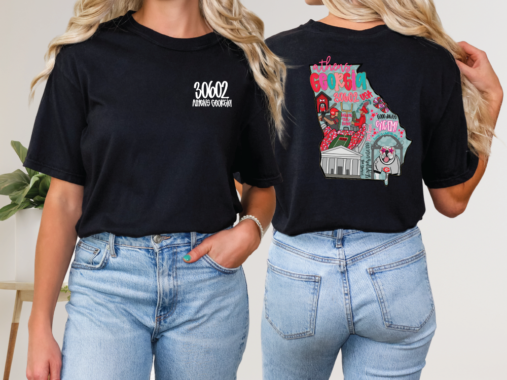 two women wearing black tshirts with a map of the state of arizona on