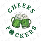 two mugs of beer with the words cheers and shamrocks