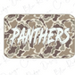 A camouflage-patterned sticker or decal with the word "Panthers" written on it in a stylized, graffiti-like font.
