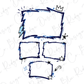 a graphic design with a central blue frame containing a blank space, surrounded by four smaller blue frames with various stylized elements such as lightning bolts, stars, and a crown.