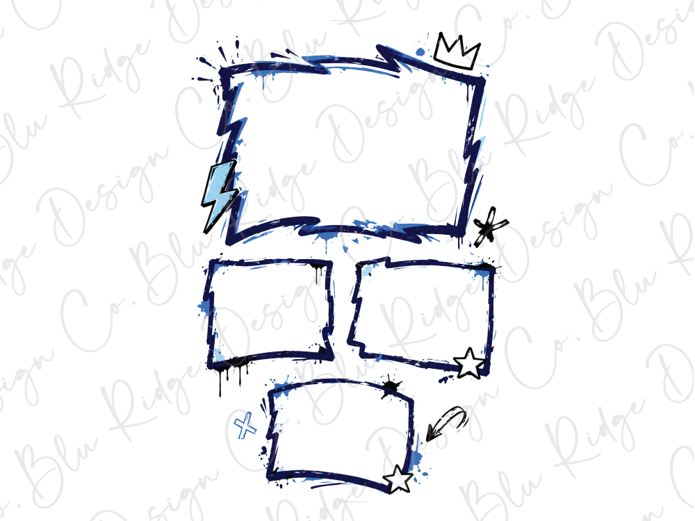 a graphic design with a central blue frame containing a blank space, surrounded by four smaller blue frames with various stylized elements such as lightning bolts, stars, and a crown.