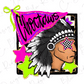 a stylized illustration of a Native American headdress with a checkered star on the forehead, surrounded by colorful shapes and text.