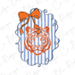 a stylized illustration of a tiger's head, with a bow and blue and white striped background.