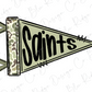 A flag with the word "Saints" written on it in a stylized font.