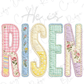 a colorful and vibrant arrangement of the word "Risen" made up of various fabric pieces in pastel colors, including pink, blue, green, and yellow.