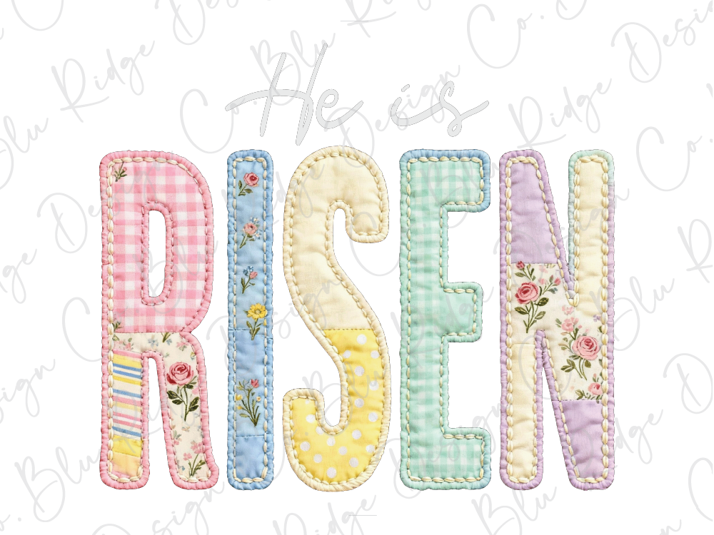 a colorful and vibrant arrangement of the word "Risen" made up of various fabric pieces in pastel colors, including pink, blue, green, and yellow.