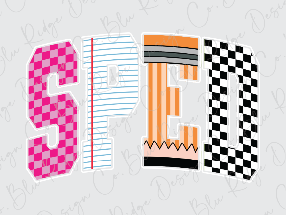 the word "SPED" formed by various colorful shapes, including a pink and white checkered pattern, a blue and white striped pattern, and a black and white checkered pattern.