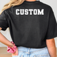 a woman wearing a black shirt with the word custom printed on it