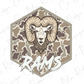 a stylized illustration of a ram's head, with the word "RAMS" prominently displayed below it.