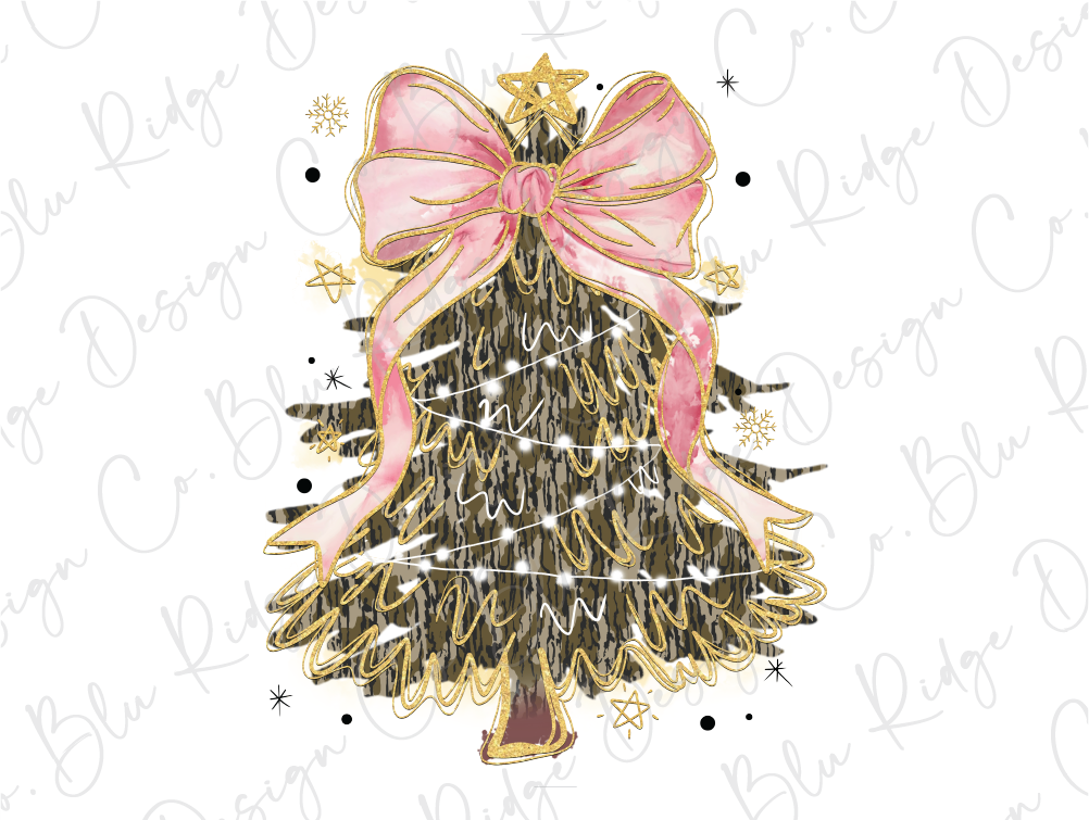 a drawing of a christmas tree with a pink bow