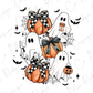 A Halloween-themed illustration featuring a group of ghostly figures, pumpkins, and bats against a white background.