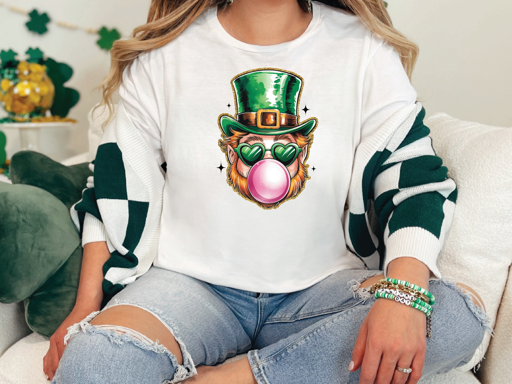 a woman sitting on a couch wearing a st patrick's day shirt