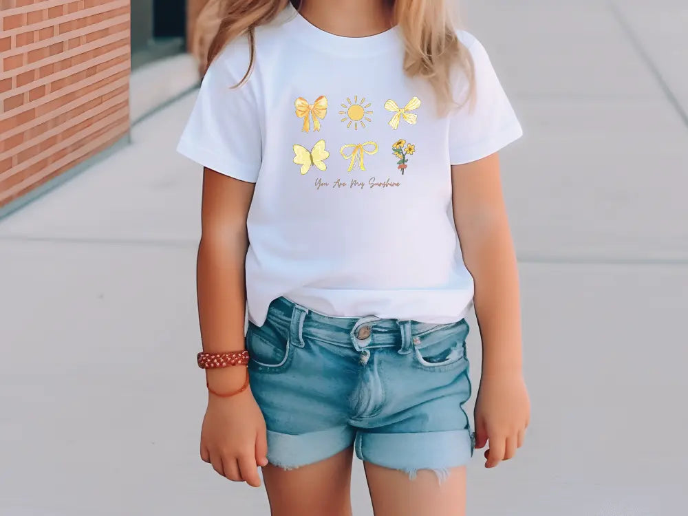 a little girl wearing a white shirt and denim shorts