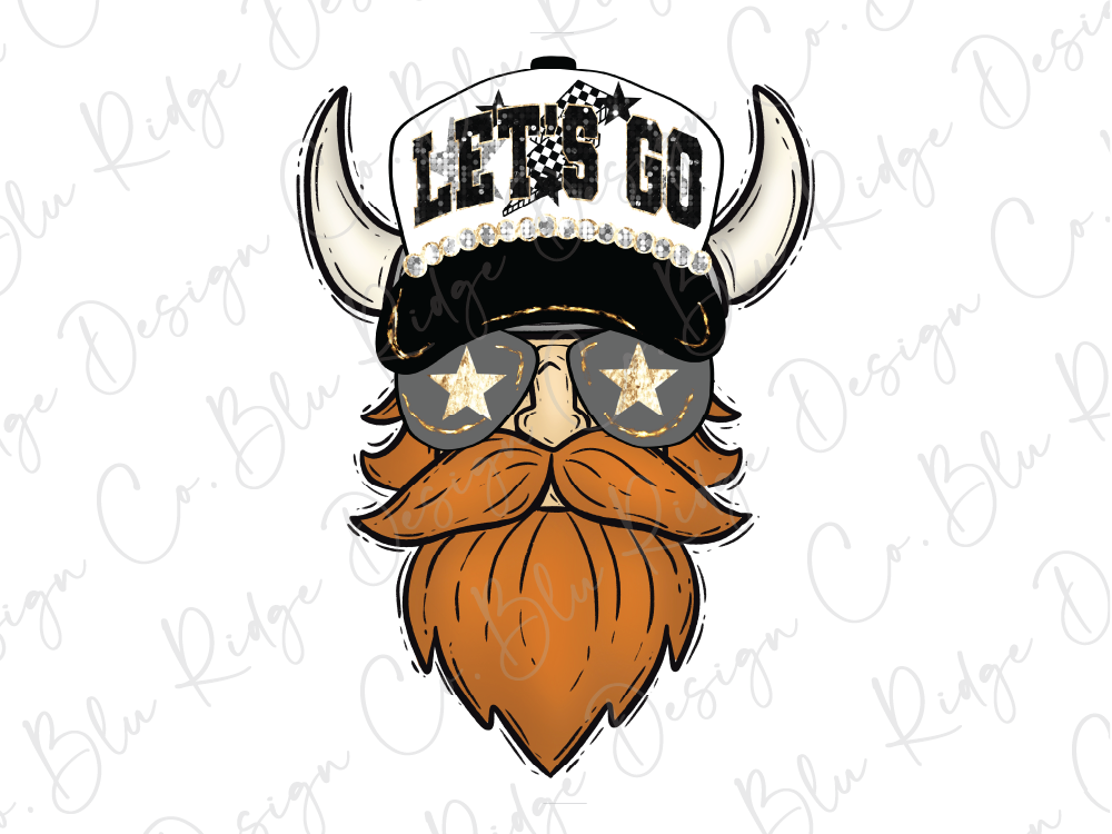 A cartoon illustration of a bearded man wearing a hat with the text "LET'S GO" and sunglasses.