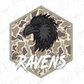 a stylized black bird head with a camouflage pattern, accompanied by the word "RAVENS" written below it.