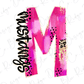 A stylized pink letter "M" with black spots and cursive text on the side.