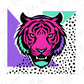 A stylized illustration of a tiger's head in a vibrant, colorful design with geometric shapes and polka dots.