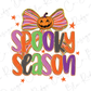a Halloween-themed design with a pumpkin and a bow. The text "SPOOKY SEASON" is prominently displayed in a colorful, stylized font.