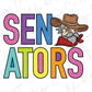 a colorful and playful depiction of the word "SENators" with a cartoon cowboy character wearing a hat and scarf.