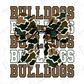 A large camouflage bow with the word "BULLDOGS" written in a bold, brown font.