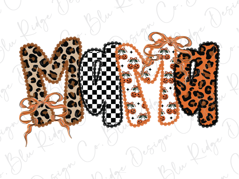a creative and colorful design of the word "Mama" made up of various animal print shapes, including leopard print, checkered print, and pumpkin print, along with orange and black bows.