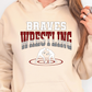 A person wearing a beige hoodie with the text "Braves Wrestling Inc." printed on it.