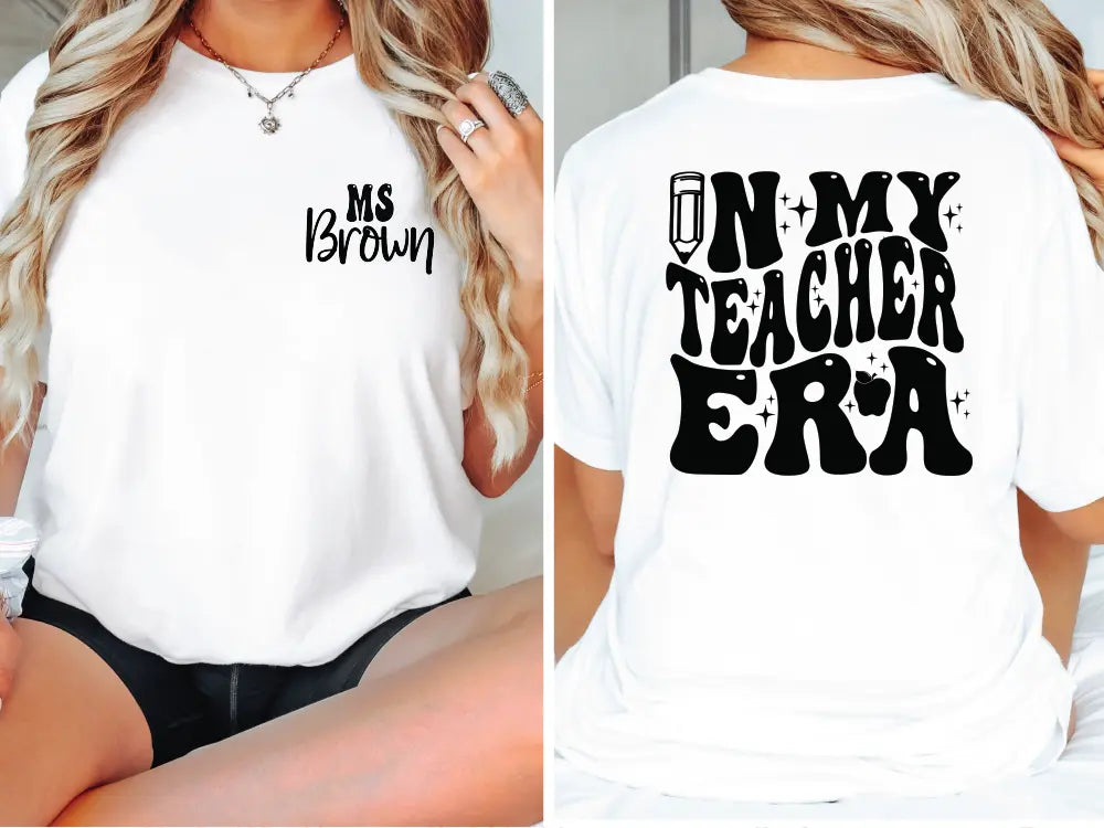 a woman wearing a t - shirt that says on my teacher era