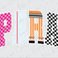 the word "PARIS" formed by various colorful shapes, including a pink and white checkered pattern, a blue and white striped pattern, an orange and white striped pattern, and a black and white checkered pattern.