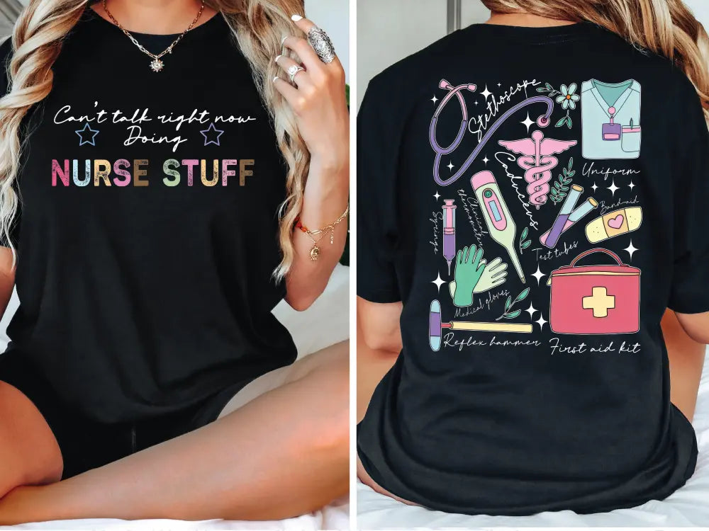 a woman sitting on a bed wearing a t - shirt that says nurse stuff