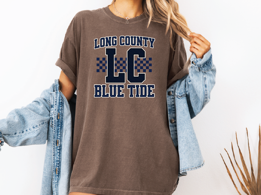 a woman wearing a long country blue tide t - shirt