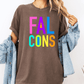 A person wearing a brown t-shirt with the text "FAL CONS" in colorful letters, along with a denim jacket, stands against a white background.