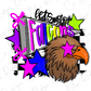 A colorful and stylized graphic design featuring a stylized eagle head surrounded by various shapes, including stars and text.