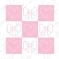 a pink and white checkerboard with hearts and bows