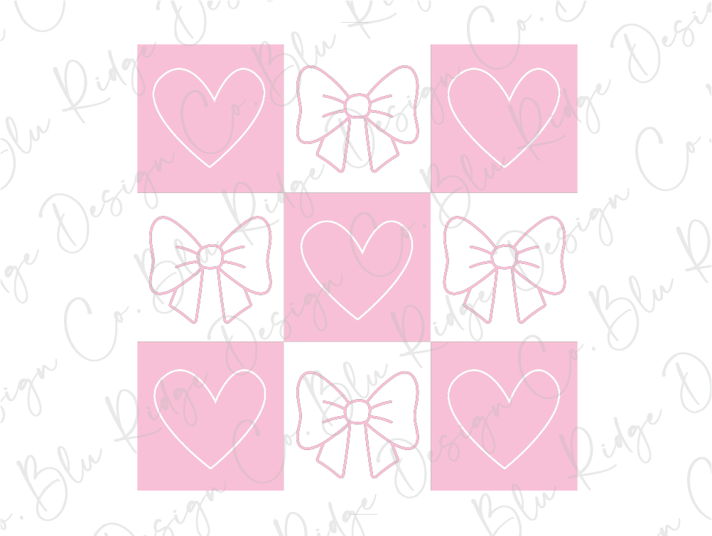 a pink and white checkerboard with hearts and bows