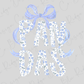 the word "PANDAS" written in a decorative, floral-patterned font, with a blue ribbon bow above it.