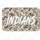 A camouflage-patterned sticker or decal with the word "INDIANS" written in a stylized, graffiti-like font.